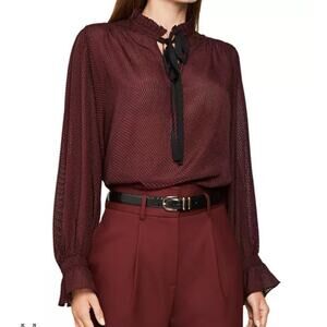 Reiss Sz 6 Maevie Tie Neck Blouse Top Silk  Peasant Boho Sheer Feminine Ruffle